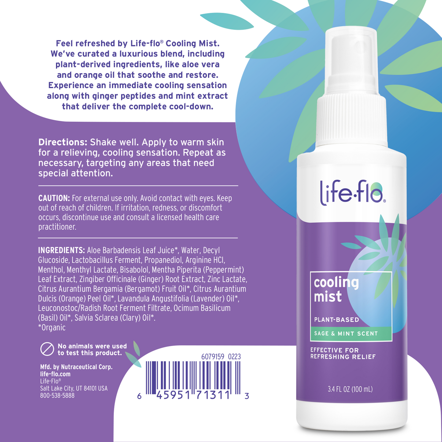 Life-flo Cooling Mist, Refreshing Body Mist for Women, Instantly Cools Hot Flashes with Ginger, Organic Aloe Vera and Lavender, Fresh Sage Mint Scent, 60-Day Guarantee, Not Tested on Animals, 3.4oz