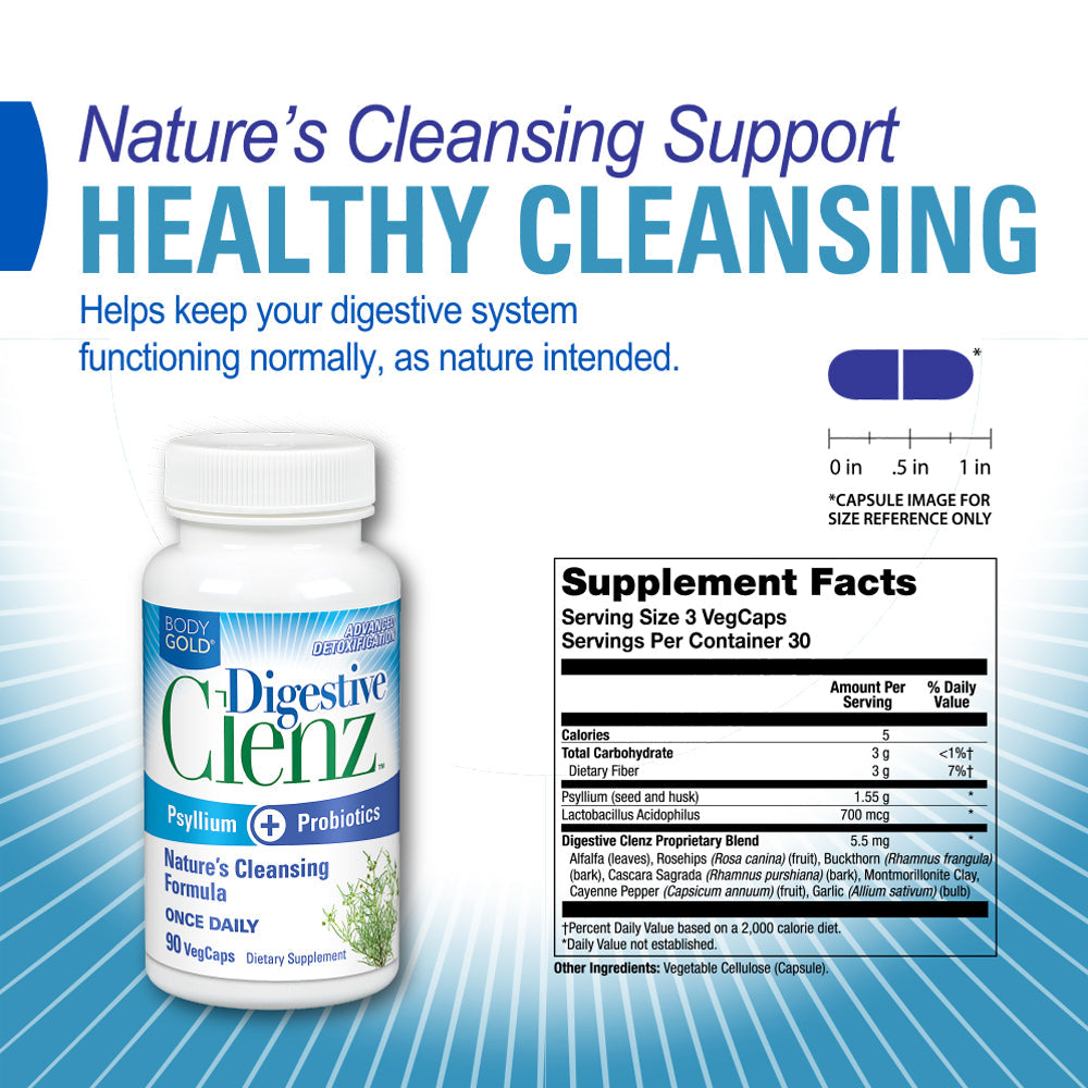 Body Gold Digestive Clenz | Healthy Detoxification, Elimination & Nutrient Absorption Support | 30 Servings, 90 VegCaps