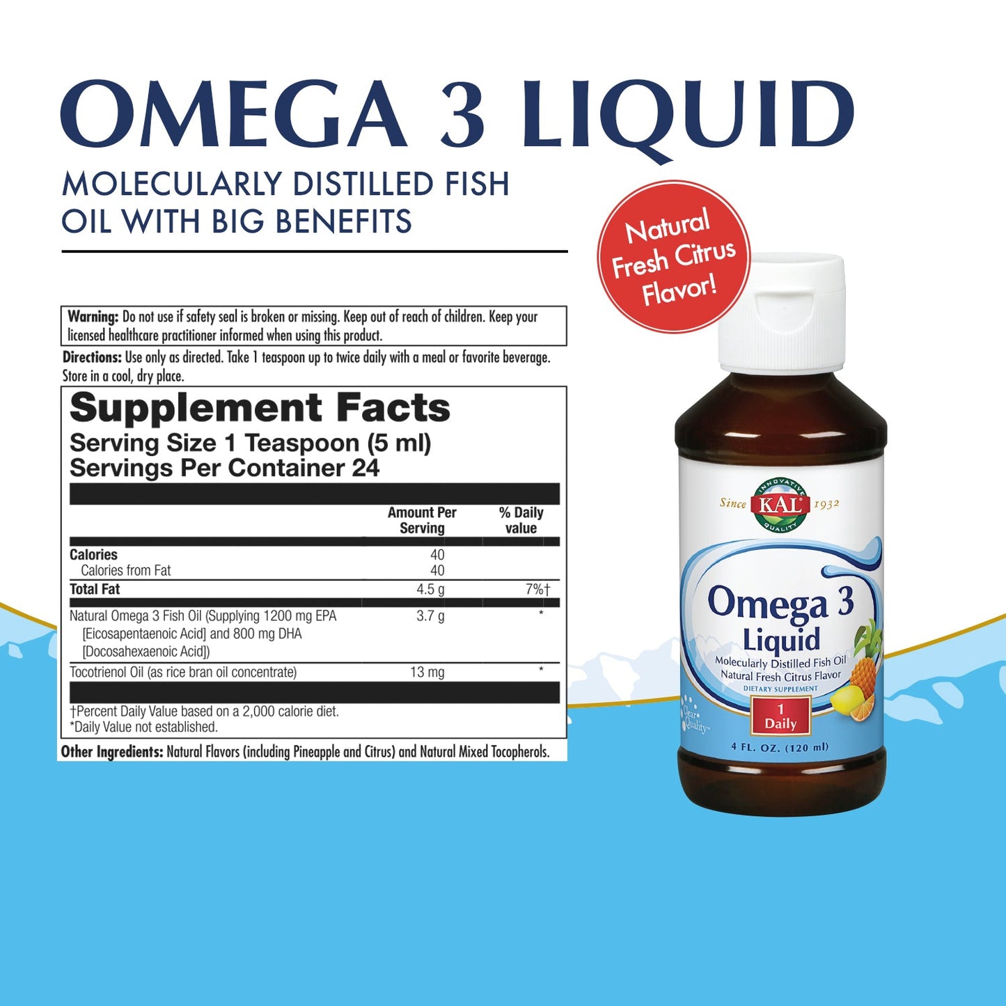 KAL Omega 3 Liquid - Molecularly Distilled Fish Oil - Great EPA/DHA Profile - Heart, Joint and Brain Support - Fresh Citrus Flavor - 24 Servings, 4 FL OZ