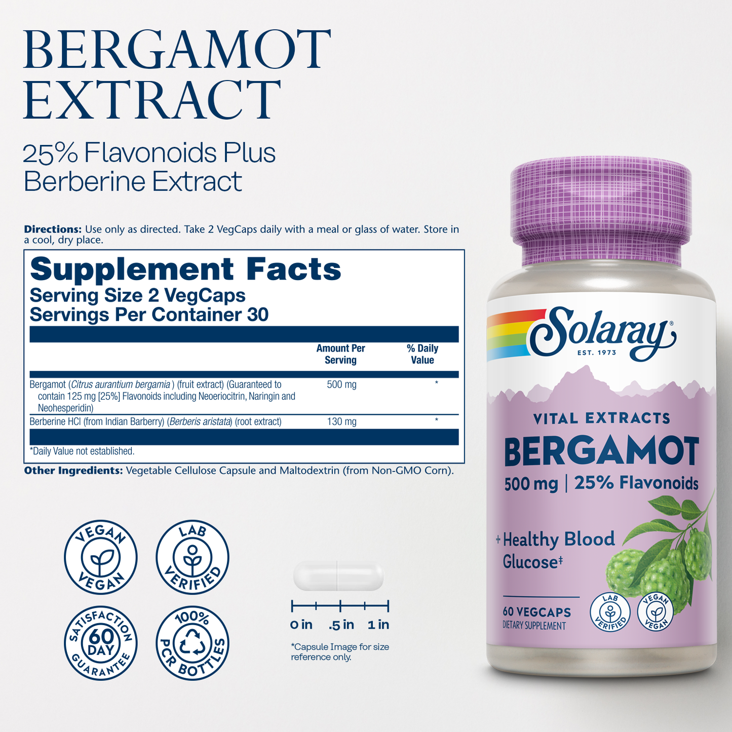 Solaray Bergamot Advanced Formula, Cardiovascular Support Fruit Extract, Veg Cap (Btl-Plastic) 500mg, 60ct