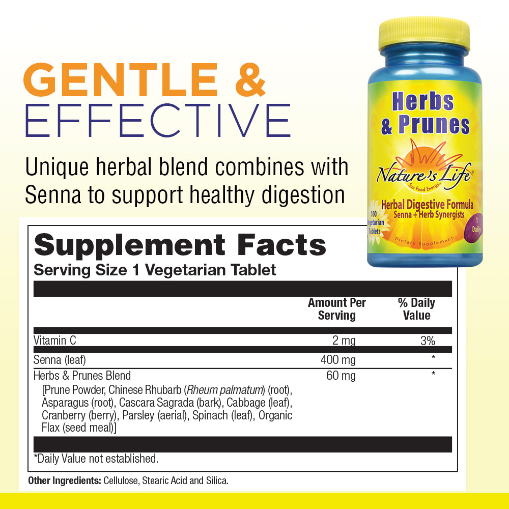 Natures Life Herbs & Prunes | 400mg Senna & Herbal Blend for Healthy Digestion Support | Non-GMO (100 ct)