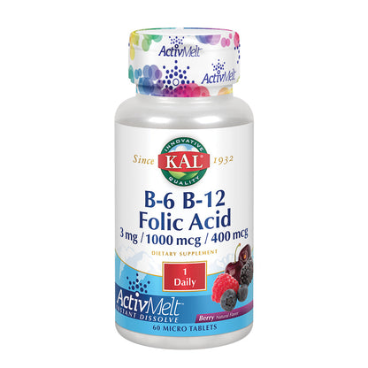 KAL B-6, B-12, and Folic Acid ActivMelt | Healthy Heart & Energy Support | Natural Berry Flavor | Superior Vitamin B Complex | 60 Micro Tablets