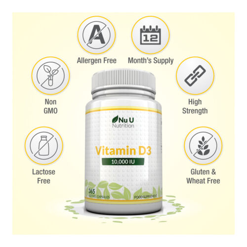 Vitamin D3 10000 IU 2 X Bottles 365 Tablets 1 Full Year Supply Nu U Nutrition