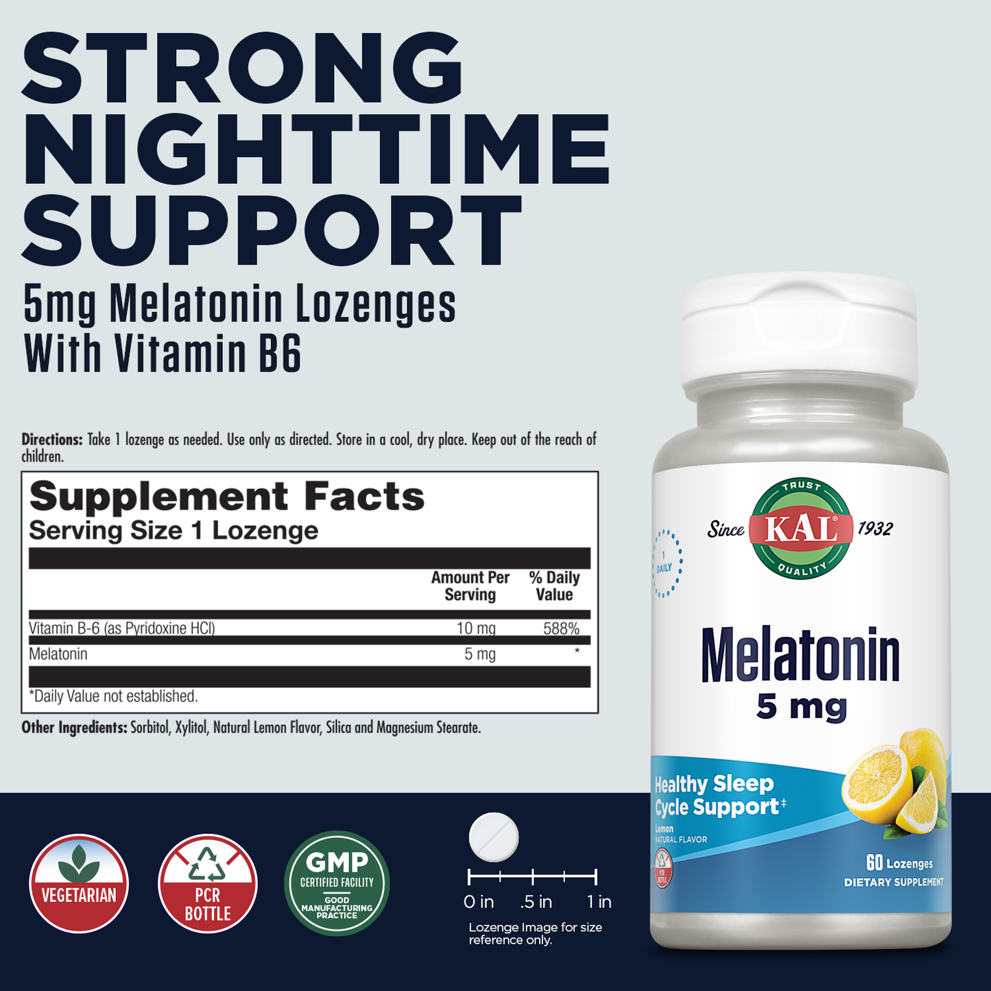 KAL Melatonin 5mg Sleep Aid Lozenges, Melatonin Supplement Supports Sleep Quality, Calming Relaxation and a Healthy Sleep Cycle, with Added Vitamin B6, Vegetarian, Natural Lemon Flavor, 60 Lozenges