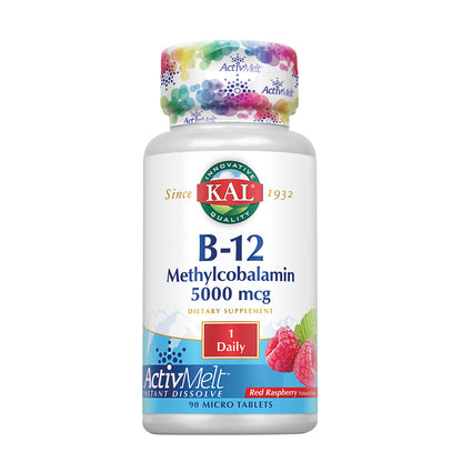 KAL B-12 Methylcobalamin 5000mcg ActivMelt, Raspberry Flavor | Healthy Metabolism, Energy & Red Blood Cell Support, 90ct