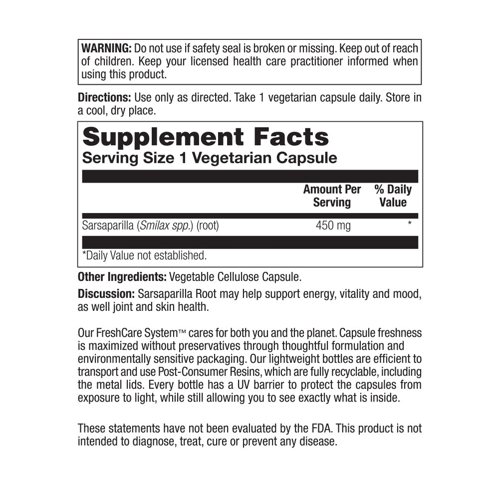 Nature's Life Sarsaparilla Root 450 | Energy and Mood Support | Joint and Skin Health Formula, Non-GMO, 100 CT