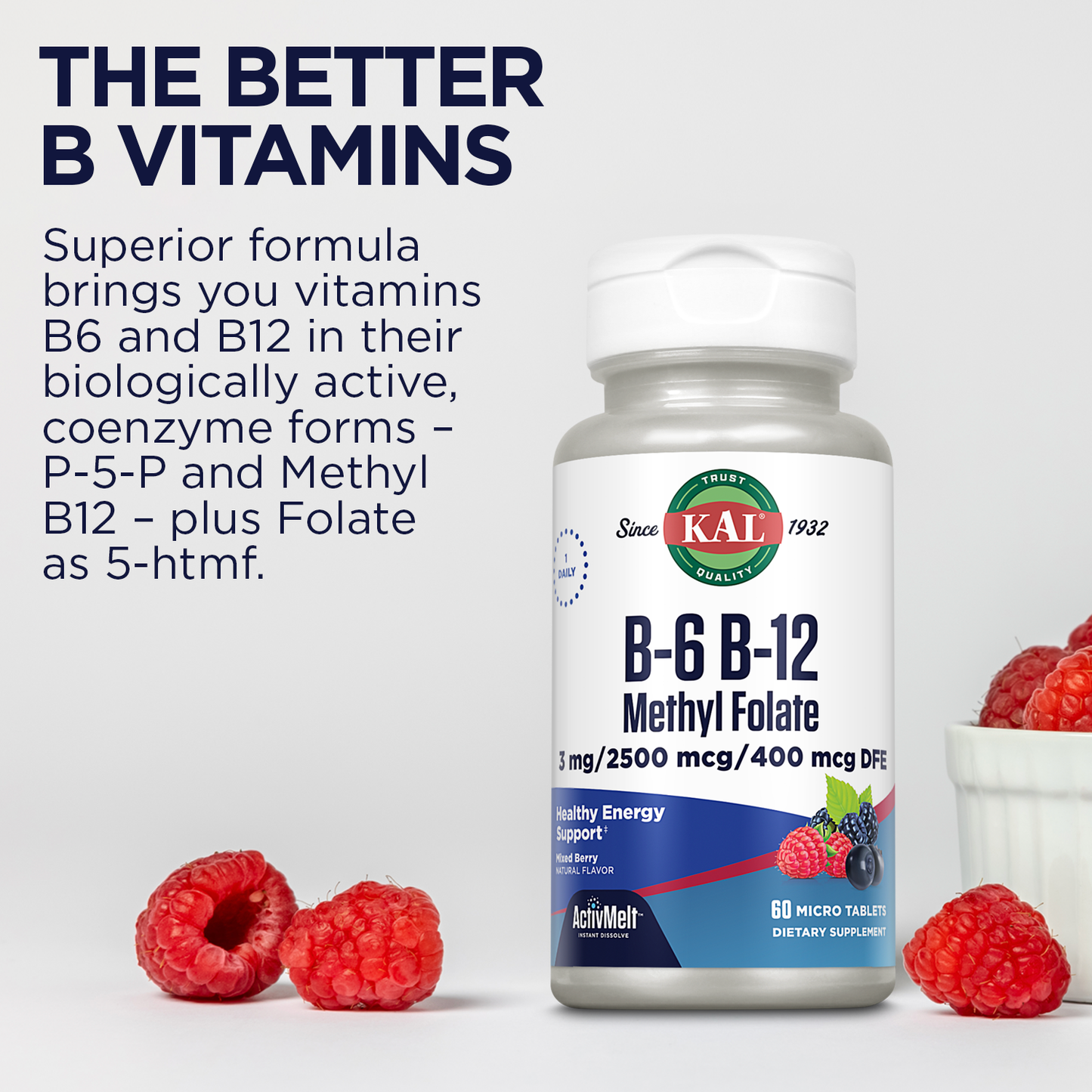 KAL B-6 B-12 Methyl Folate ActivMelt | Healthy Heart & Energy Support | Natural Mixed Berry Flavor | Active, Coenzyme Forms | 60 Micro Tablets