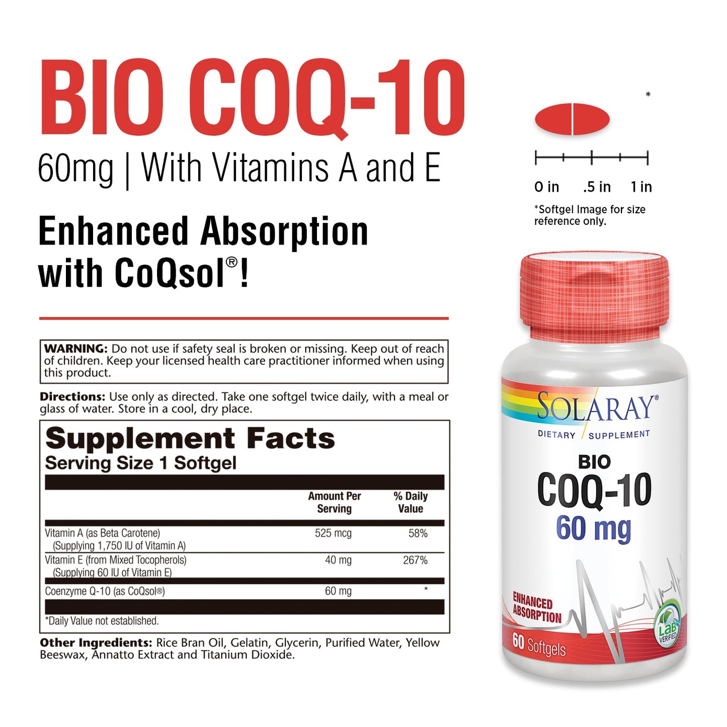 Solaray Bio CoQ-10 60 mg | Enhanced Absorption | Vitamins A & E | Healthy Heart & Cellular Energy Support | 60 Softgels