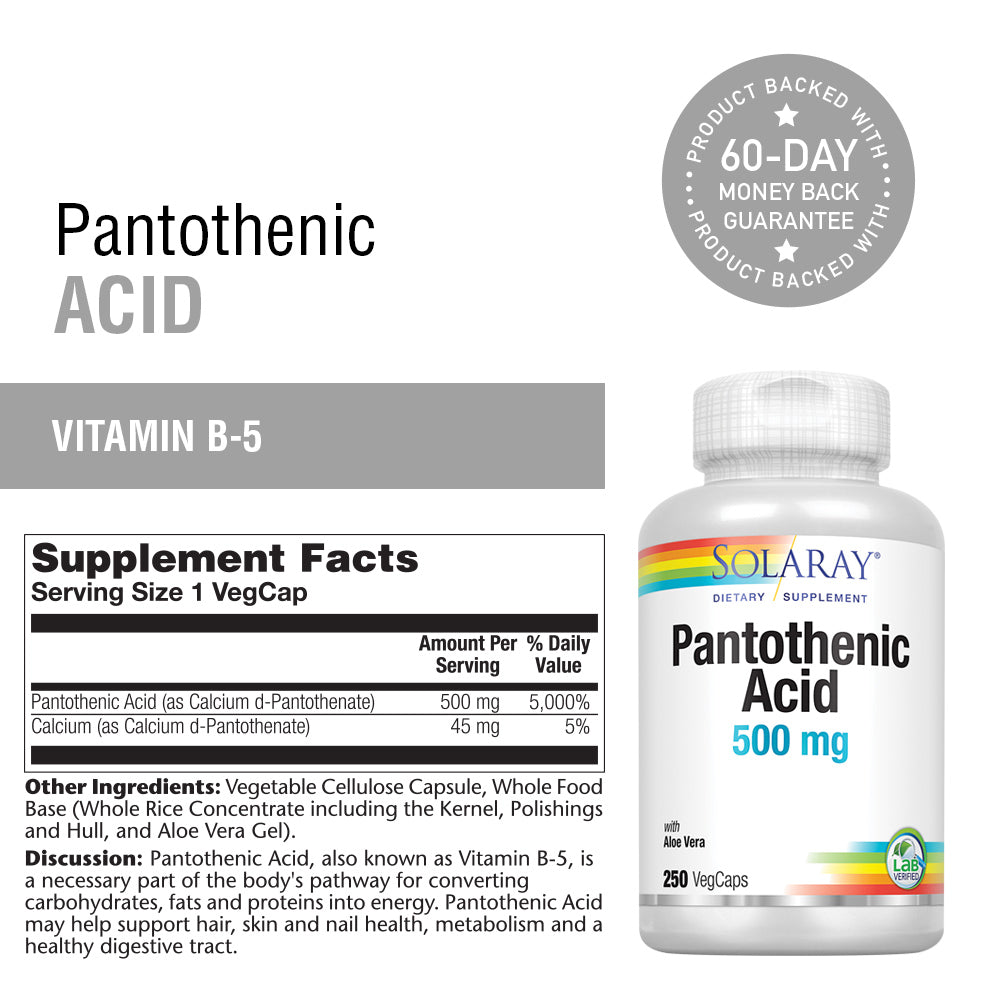 Solaray Pantothenic Acid 500mg Vitamin B-5 for Coenzyme-A Production & Energy Metabolism For Hair, Skin, Nails & Digestive Support 250 VegCaps