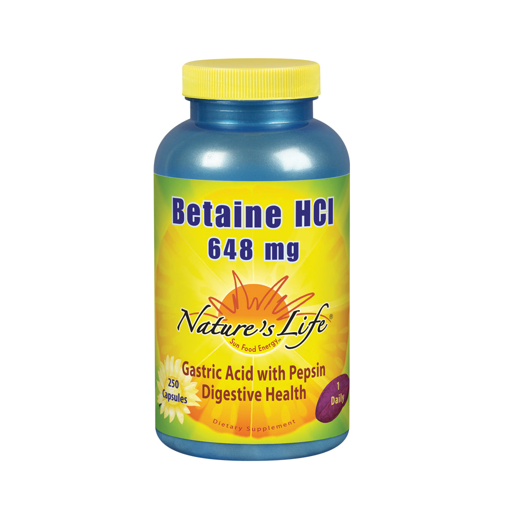 Nature's Life Betaine HCL Supplement 648 mg | Digestion Support Formula | Non-GMO | 250 Gelatin Caps