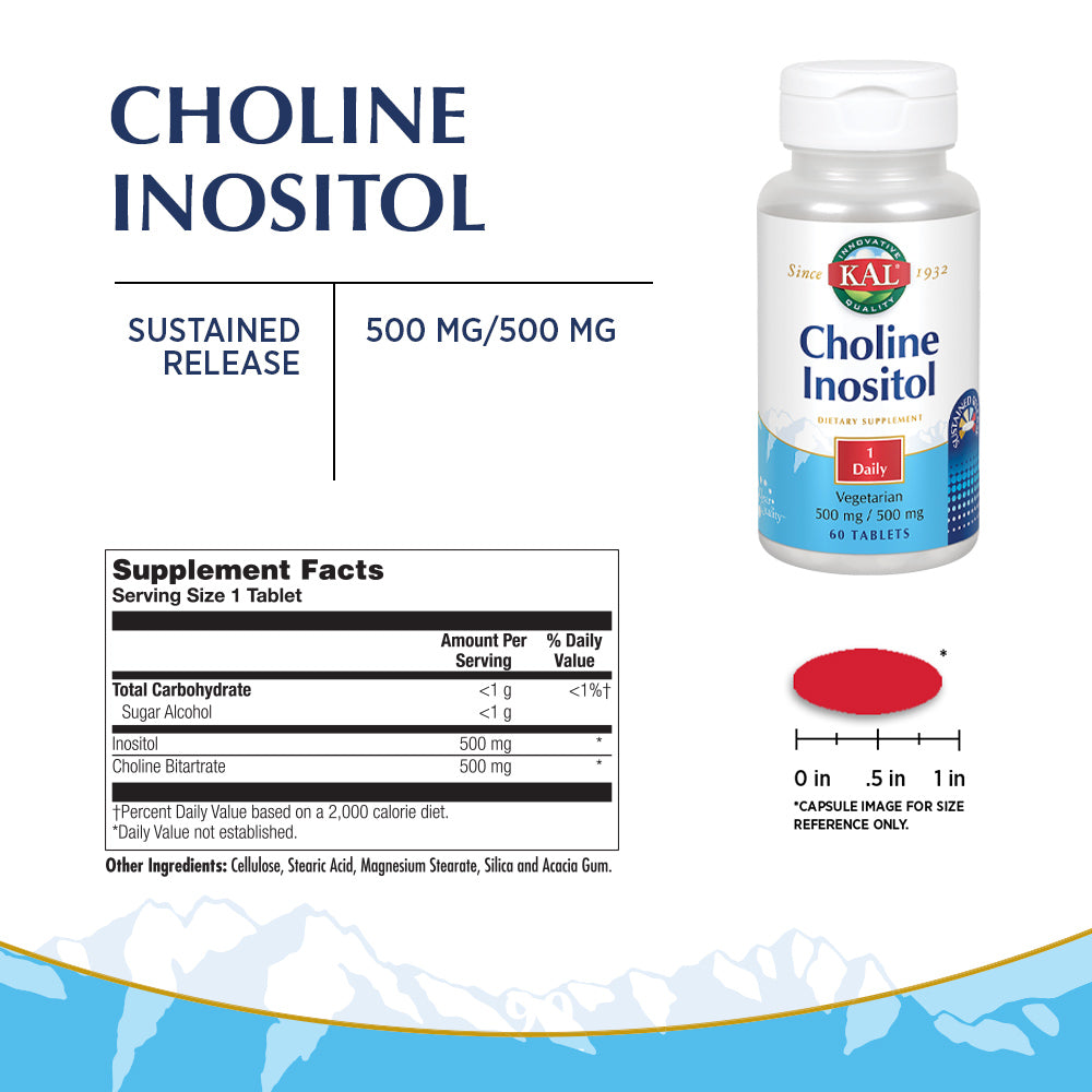 KAL Choline Inositol 500/500 mg | 1 Daily, Sustained Release | Healthy Brain, Liver, Cell & Mood Support | 60 Tablets