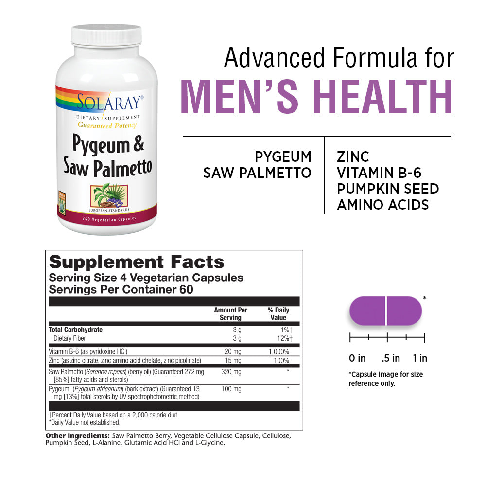 Solaray Pygeum and Saw Palmetto Berry Extracts, Mens Health & Prostate Function Support, Zinc, B-6, Pumpkin Seed & Amino Acids 240 VegCaps