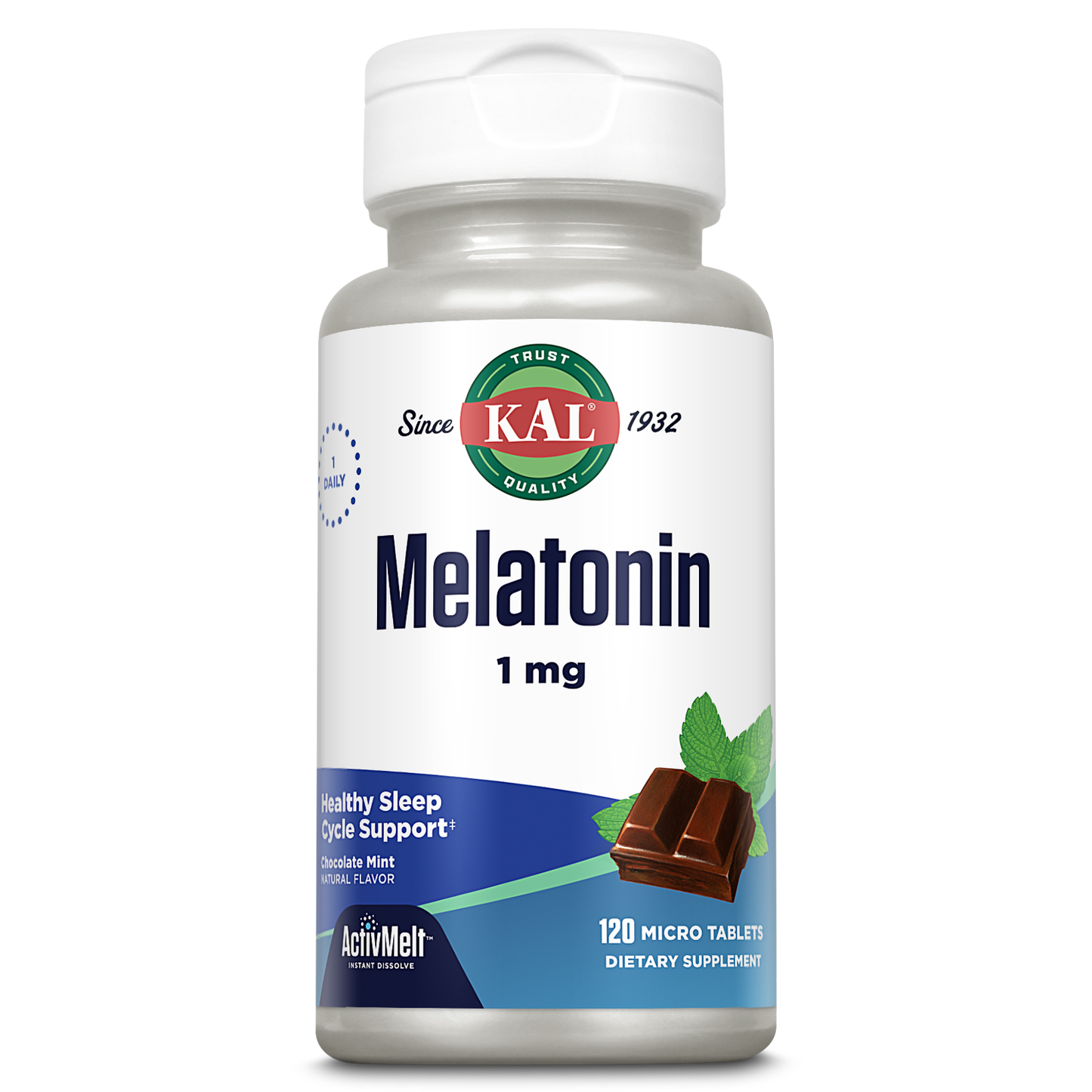 KAL Melatonin 1mg Sleep Aid, Melatonin Supplement Supports Calming Relaxation and a Healthy Sleep Cycle, Fast Dissolving ActivMelts, Natural Chocolate Mint Flavor, Vegetarian, 120 Serv, 120 Micro Tabs