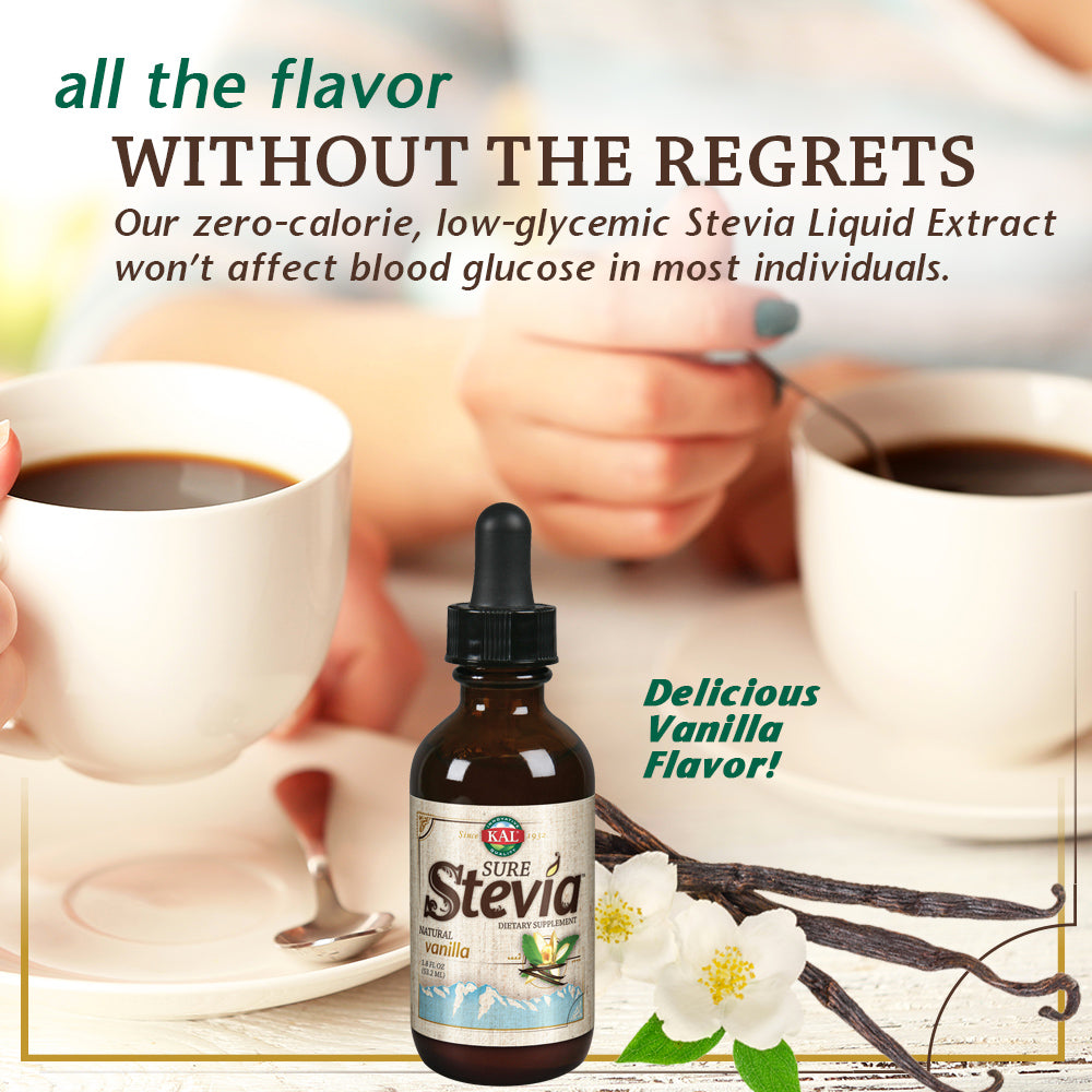 KAL Sure Stevia Drops, Low Carb, Zero Calorie Sweetener, Keto Friendly, Great Tasting Liquid Stevia, Low Glycemic, 60-Day Money Back Guarantee (Vanilla)