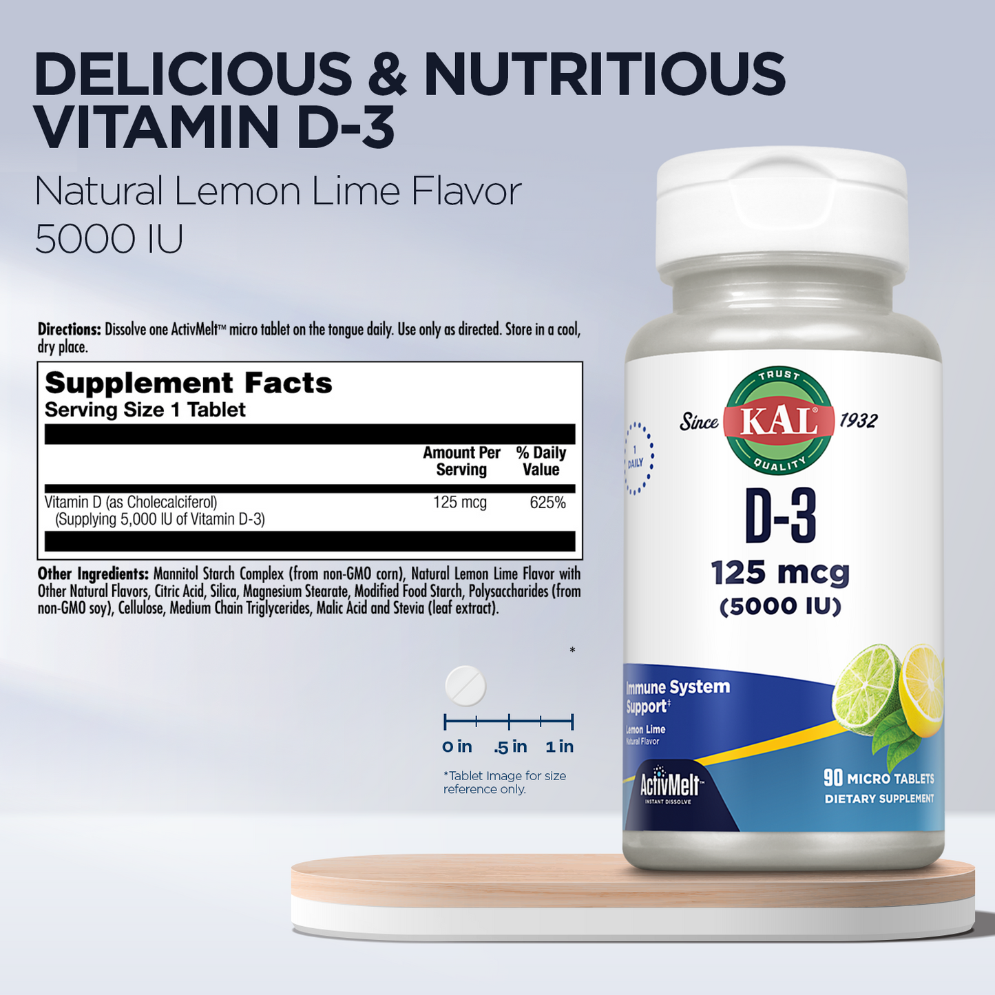 KAL Vitamin D-3 5000 IU | Natural Lemon Lime ActivMelt Micro Tablets | Healthy Immune Function & Bone Support | 90 Ct