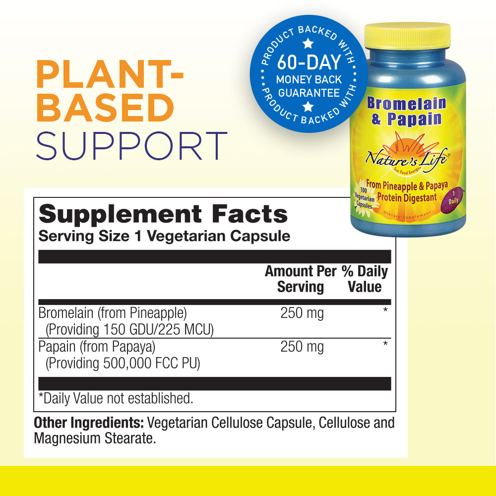 Nature's Life Bromelain & Papain | Proteolytic Enzymes For Digestive Support & Comfort | From Pineapple & Papaya | 250mg (100 CT)