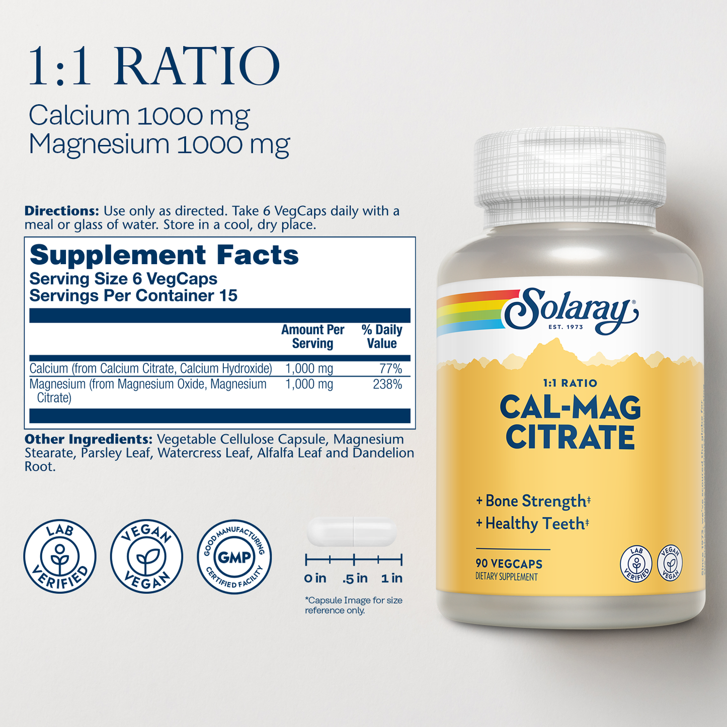 Solaray Calcium Magnesium Citrate 1000mg 1:1 Ratio, Bone Strength Supplement, Muscle, Nervous System and Bone Health Support, Chelated for High Absorption, Gentle Digestion, 15 Servings, 90 VegCaps