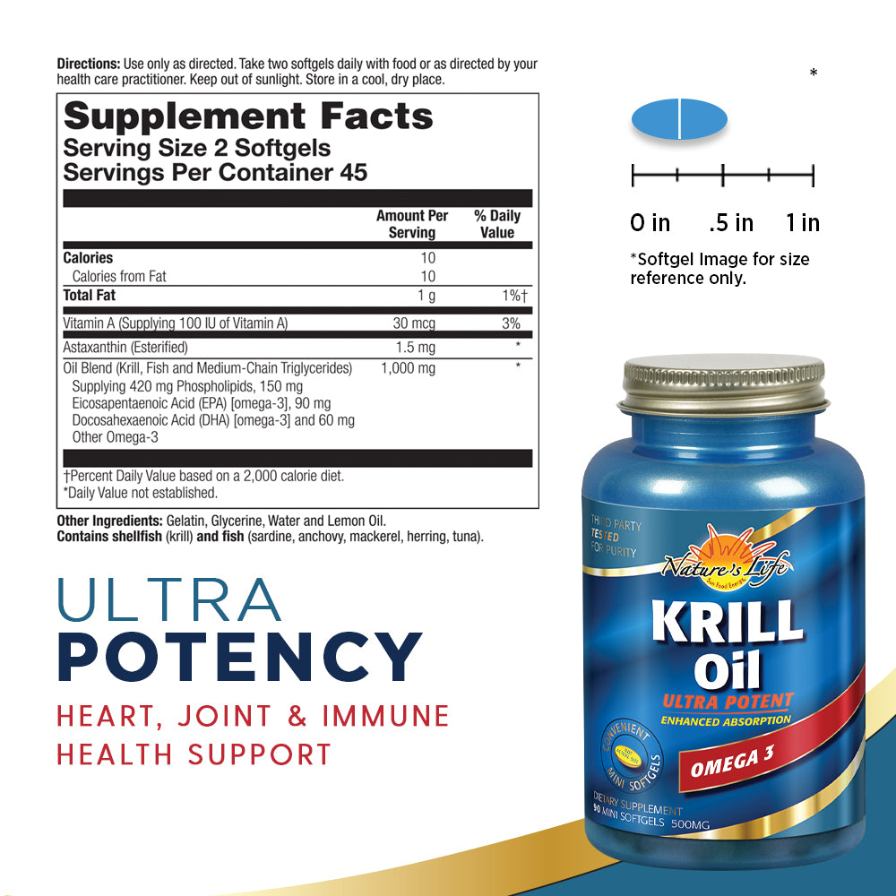 Nature's Life Krill Oil 1000mg, Ultra Potent Mini Softgels | Immune, Heart, Joint Support with Omega-3s | 90ct, 45 Serv.