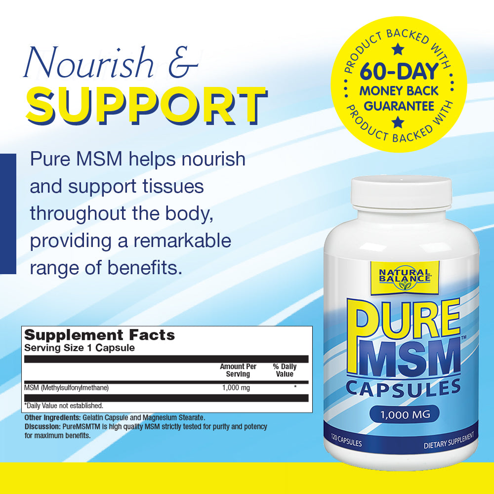 Natural Balance Pure MSM Capsules | Sulfur Supplement Helps Supports Joint Comfort, Collagen & Keratin Production | 120 Count