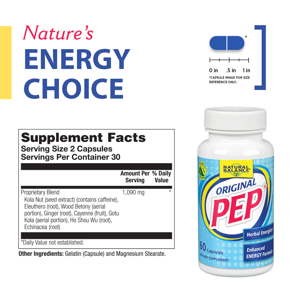 Natural Balance Original Pep Herbal Energizer | Energy, Vitality & Focus Formula w/ Eleuthero, Kola Nut & Gotu Kola | Plant-Based | 60 Caps, 30 Serv.