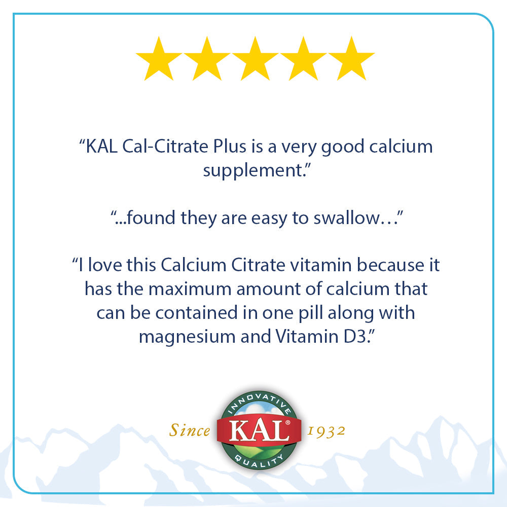 KAL Cal-Citrate Plus 1000mg | Blend of Calcium Citrate, Magnesium and Vitamin D-3 | For Healthy Bones & Teeth | No Gluten & Non-GMO | 60 Tablets