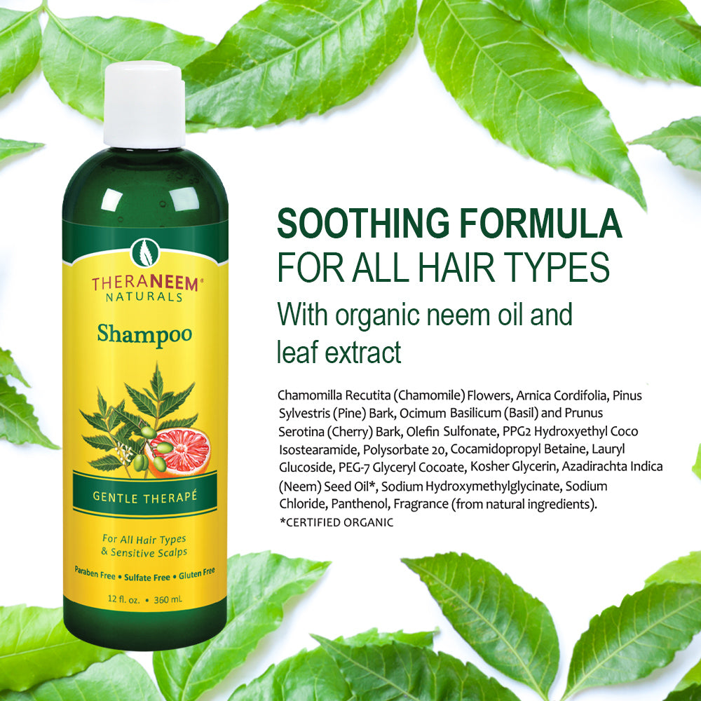 TheraNeem Gentle Therap Shampoo | Soothing Formula w/ Organic Neem Oil | All Hair Types & Sensitive Scalp, Vegan | 12oz