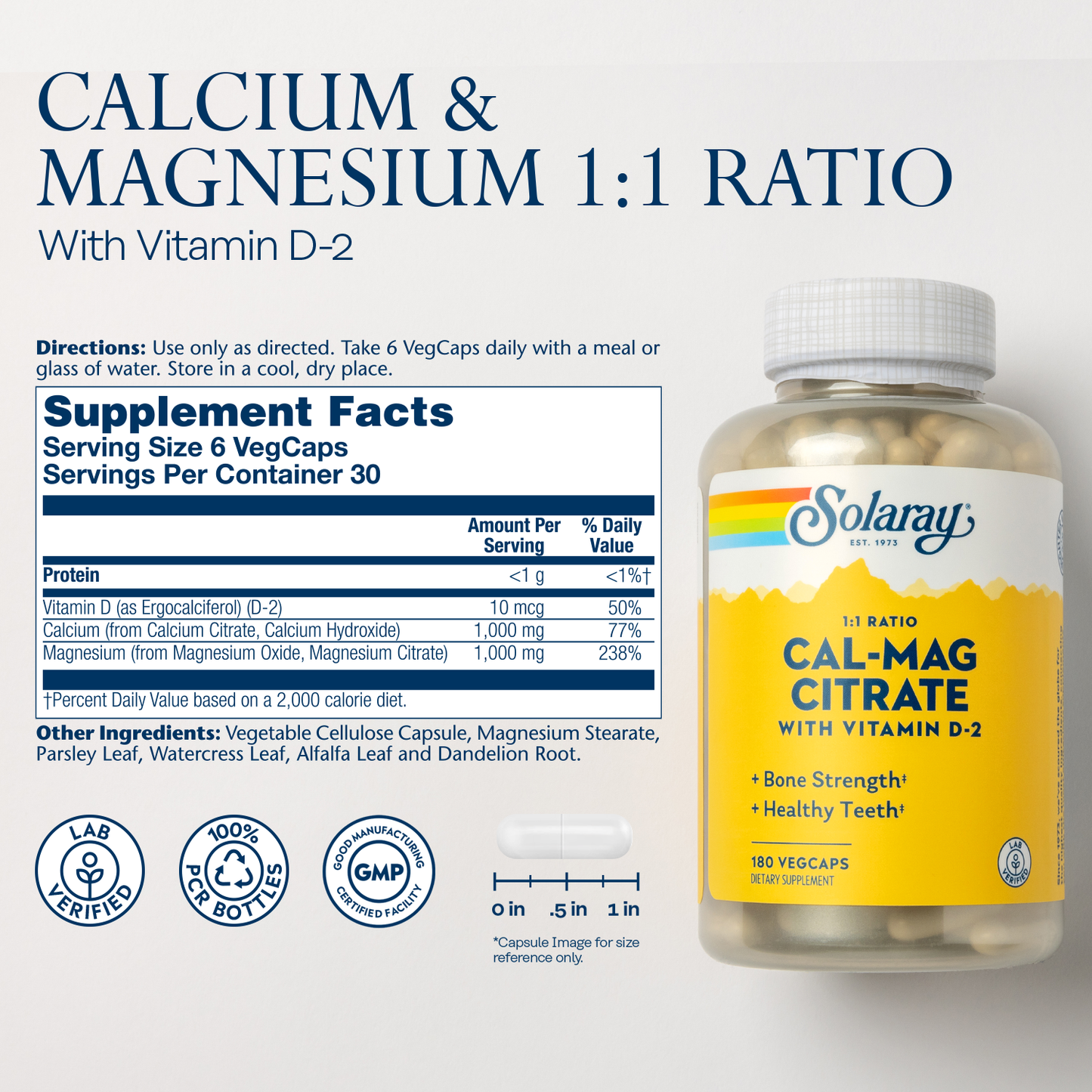 Solaray Calcium & Magnesium Citrate with Vitamin D-2, 1:1 Ratio For Healthy Bones, Teeth, Muscle & Nervous System Function High Absorption 180 Count