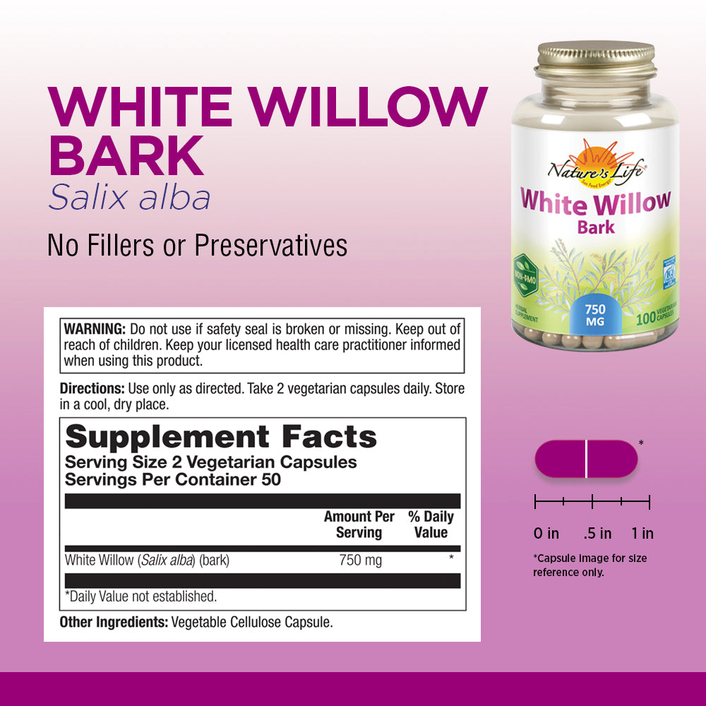 Nature's Life White Willow Bark | With Salicin for Healthy Joint & Muscle Function Support | Non-GMO| 100ct, 50 Serv.