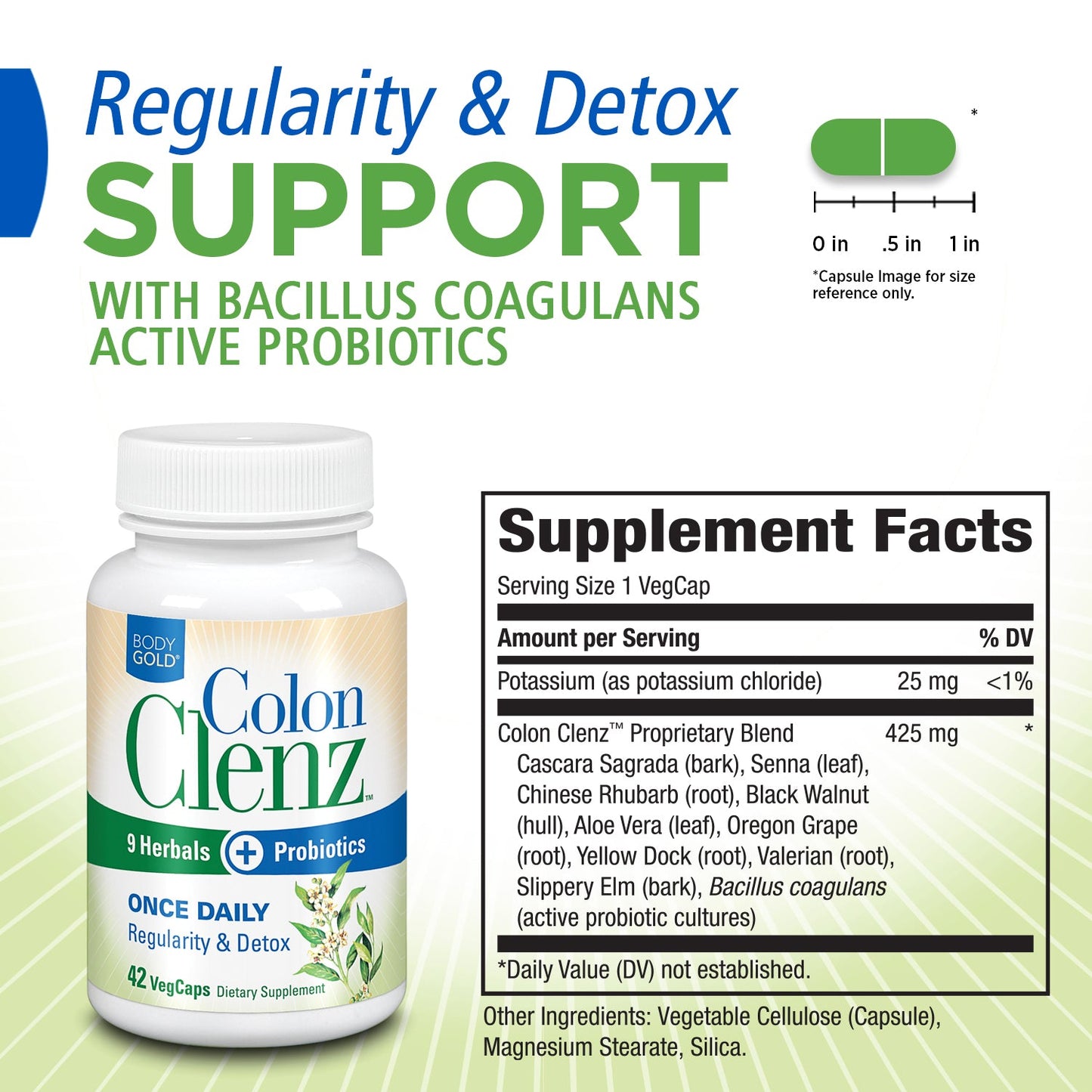 BodyGold Colon Clenz Regularity & Detox Formula Once Daily Support with 9 Herbs + Active Probiotics (047868425606)