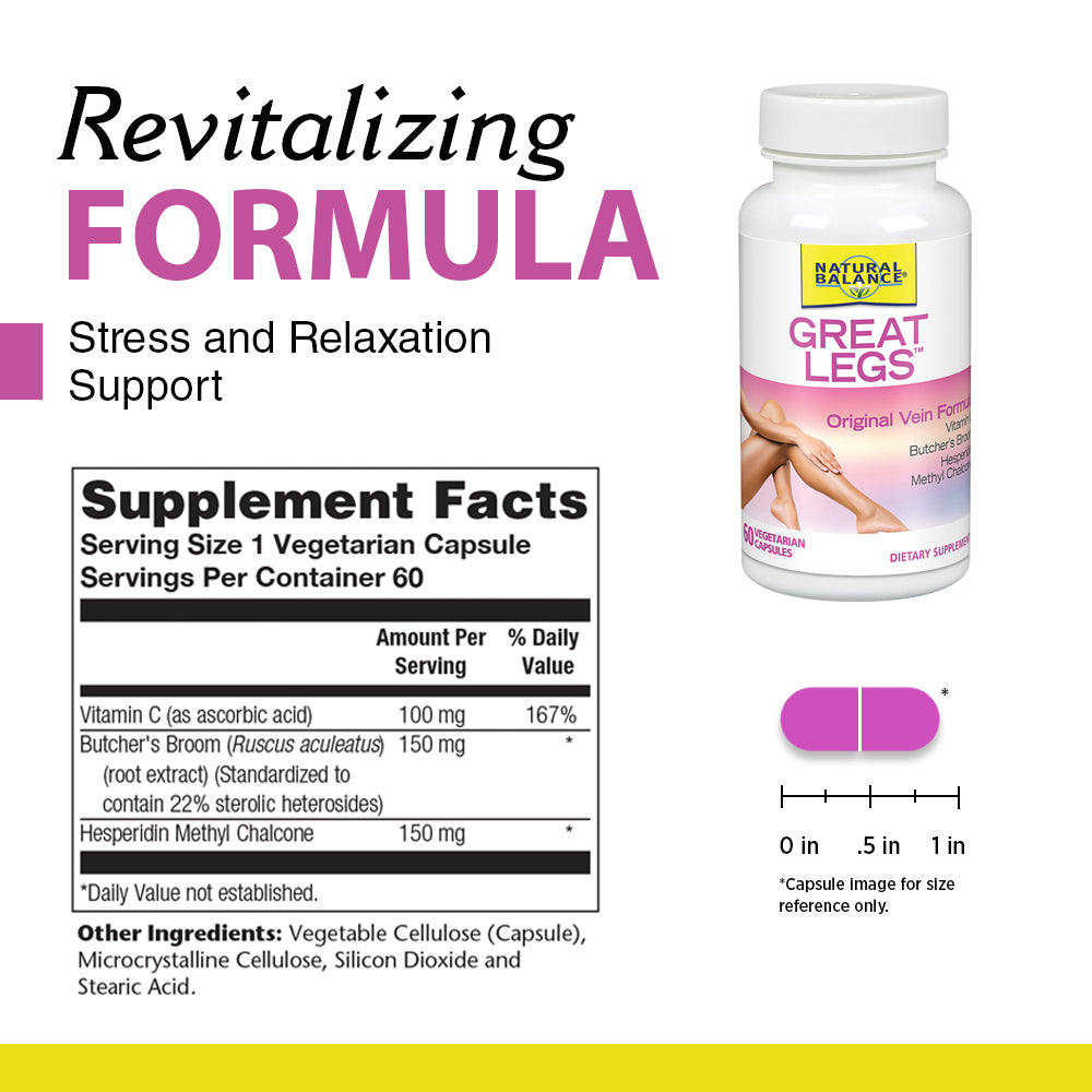 Natural Balance Great Legs Vein Formula | Healthy Vein & Circulation Support | W/ Vitamin C, Butchers Broom & Hesperidin | Lab Verified | 60 VegCaps