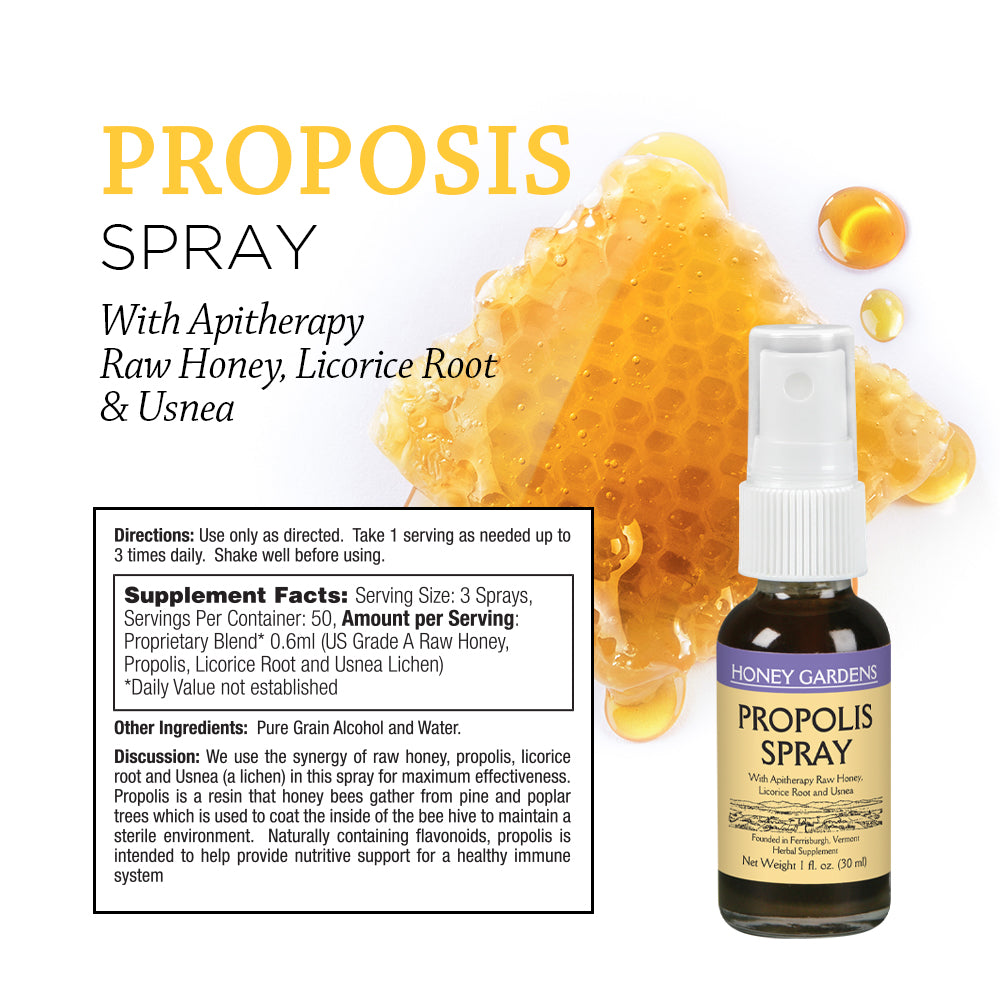 Honey Gardens Bee Propolis Throat Spray | With Apitherapy Raw Honey, Licorice Root and Usnea | 50 Servings | 1 Fl. Oz.