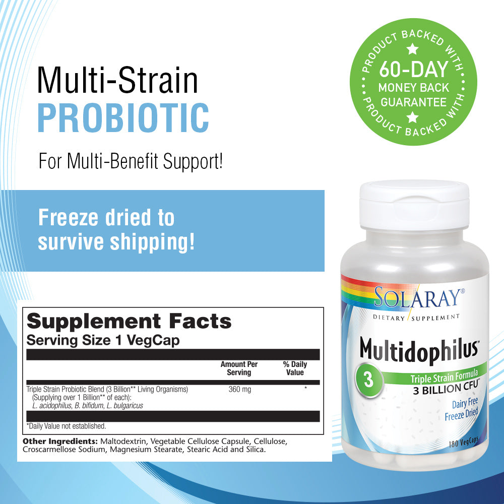 Solaray Multidophilus 3 Freeze Dried | 3 Billion CFU | Probiotics L. acidophilus, B. bifidum, and L. bulgaricus for Healthy Gut Support | 180 VegCaps