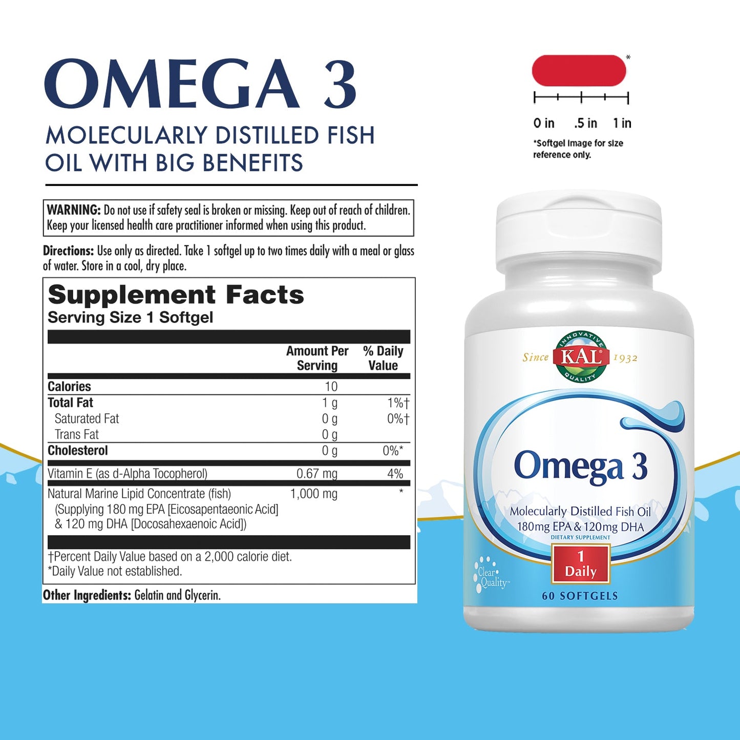 KAL Omega 3 | Omega-3 Fish Oil for Healthy Heart, Joint & Brain Support | 180mg EPA, 120mg DHA