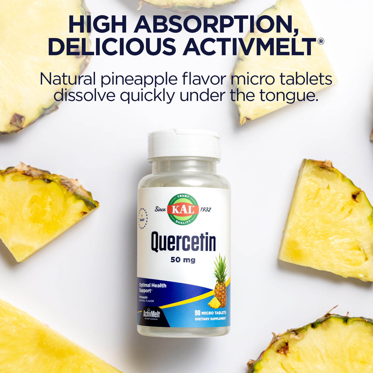 KAL Quercetin ActivMelt, Optimal Health and Wellness Support Supplement, Bioflavonoids, Natural Pineapple Flavor, 90 Servings, 90 Instant Dissolve Micro Tablets