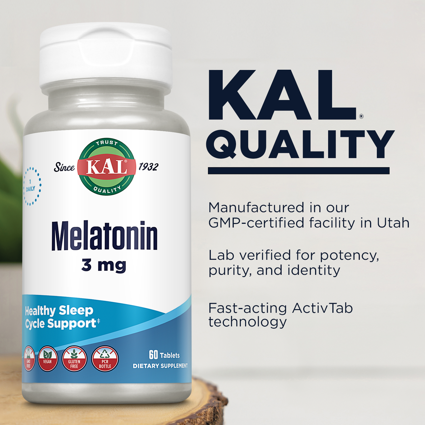 KAL Melatonin 3mg Sleep Aid, Fast Dissolve Melatonin Tablets, Calming Relaxation and Healthy Sleep Cycle Support, with Added Vitamin B6, Vegan, Gluten Free, Non-GMO (60 Servings, 60 ActivTabs)