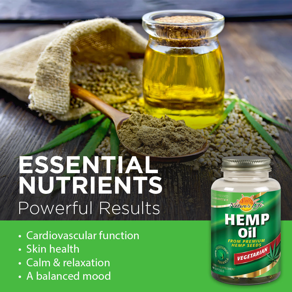 Natures Life Hemp Seed Oil, Vegetarian | W/ Omega Fatty Acids | Skin Health, Heart, Brain & Mood Support | 60ct, 30 Serv
