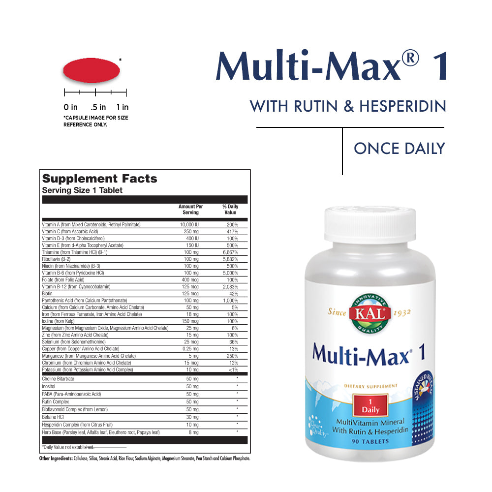 KAL Multi-Max 1 Daily Multivitamin and Mineral | Sustained Release Formula with Herbs, Rutin and Hesperidin | 90 Tablets