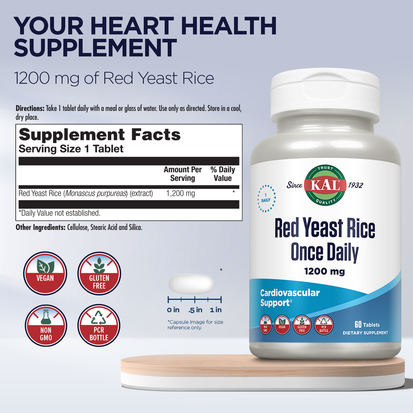 KAL Red Yeast Rice Once Daily 1200mg. Capsules With Unsaturated Fatty Acids, Amino Acids & Phytonutrients Rapid Disintegration 60 Tablets