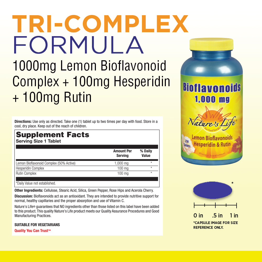 Nature's Life Bioflavonoids 1000mg | Lemon Bioflavonoid Complex, Hesperidin & Rutin | Antioxidant for Healthy Capillaries & Vit C Absorption | 250 Ct