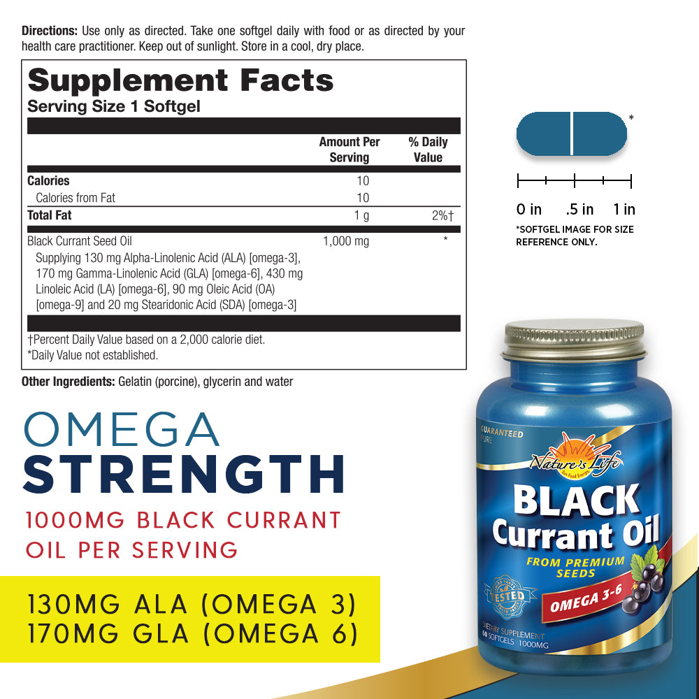 Nature's Life Black Currant Seed Oil 1000 mg | With Omega-3 ALA, Omega-6 GLA and Stearidonic Acid | 60ct