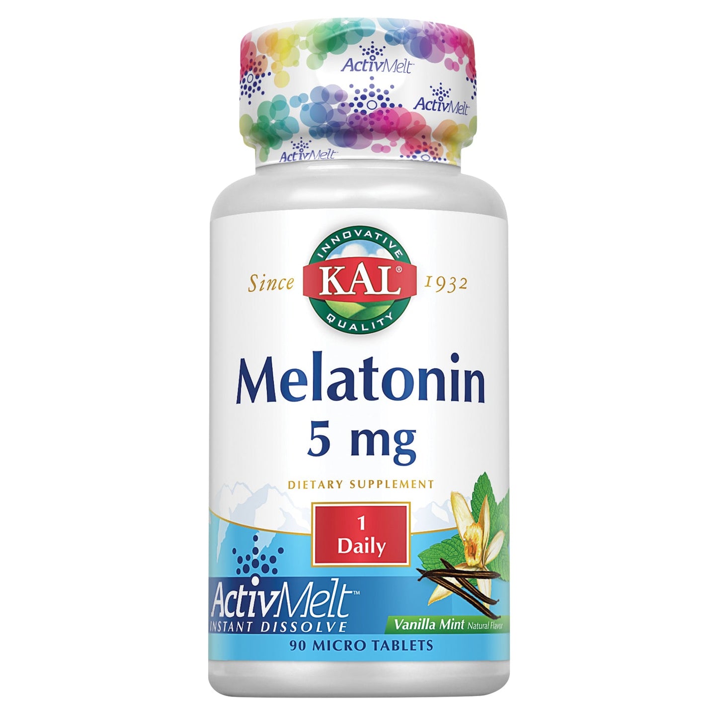 KAL Melatonin 5mg Sleep Aid, Melatonin Supplement Supports Calming Relaxation and a Healthy Sleep Cycle, Fast Dissolving ActivMelts, Natural Vanilla Mint Flavor, Vegetarian, 90 Serv, 90 Micro Tablets