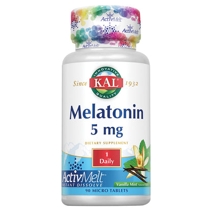 KAL Melatonin 5mg Sleep Aid, Melatonin Supplement Supports Calming Relaxation and a Healthy Sleep Cycle, Fast Dissolving ActivMelts, Natural Vanilla Mint Flavor, Vegetarian, 90 Serv, 90 Micro Tablets