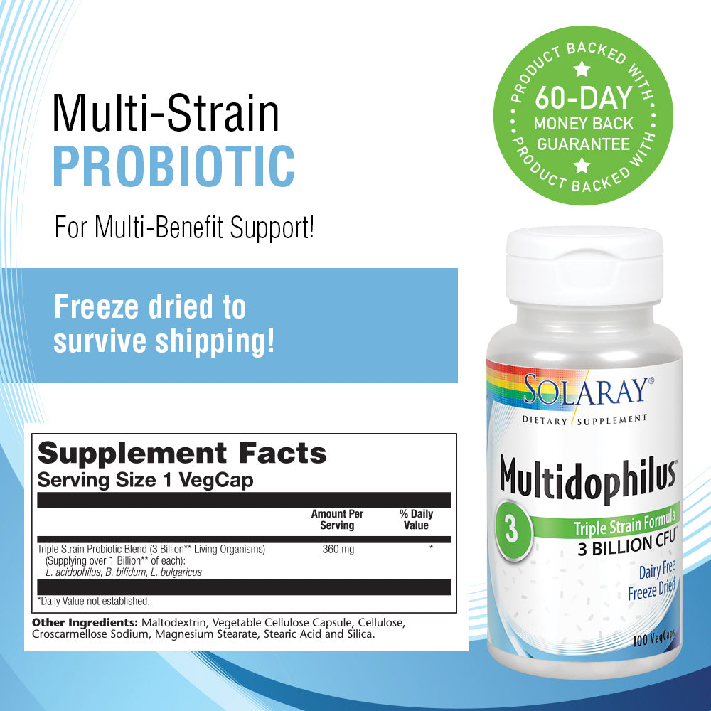 Solaray Multidophilus 3 Freeze Dried | 3 Billion CFU | Probiotics L. acidophilus, B. bifidum, and L. bulgaricus for Healthy Gut Support | 100 VegCaps