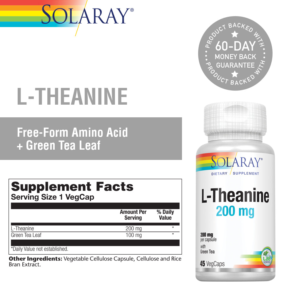 Solaray L-Theanine - 45 VegCaps - 200 mg + 100 mg Green Tea Leaf