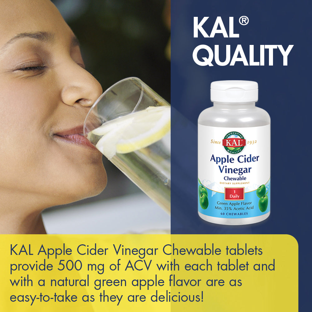 KAL Apple Cider Vinegar Chewable 500mg | Healthy Weight Management, Digestion & Cleansing Support | Green Apple Flav | 60ct