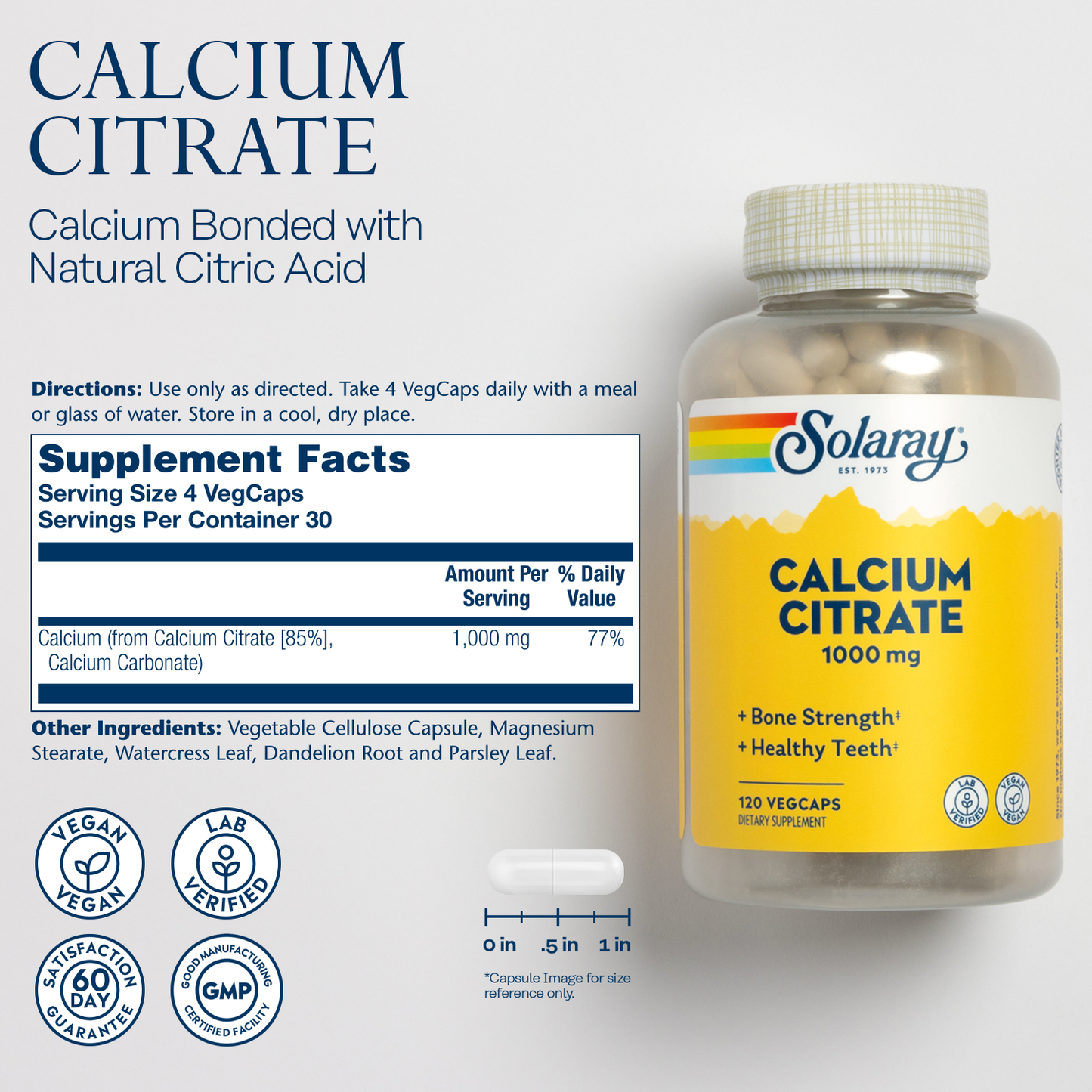 Solaray Calcium Citrate 1000mg, Chelated Calcium Supplement for Bone Strength, Healthy Teeth & Nerve, Muscle & Heart Function Support, Easy to Digest, 60-Day Guarantee, Vegan | 30 Servings | 120ct (30 Serv, 120 Count)