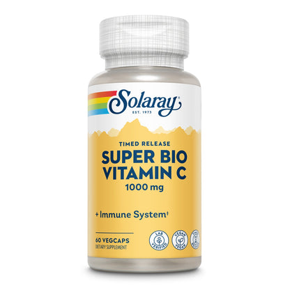 Solaray Super Bio Vitamin C 1000mg, Buffered, Time Release Capsules with Bioflavonoids, Two-Stage for High Absorption & All Day Immune Support, Vegan, 60 Day Guarantee, 30 Servings, 60 VegCaps