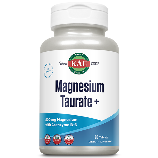 KAL Magnesium Taurate 400mg Plus CoEnzyme Vitamin B6, Chelated Magnesium Supplement, Healthy Muscle Function, Nerve and Heart Health Support, Gluten Free, Vegan, 60-Day Guarantee (45 Serv, 90 Tablets)