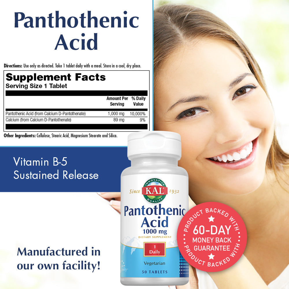KAL Pantothenic Acid Sustained Release 1000mg | For Energy Storage & Release | Supports Metabolism of Carbs, Fats & Proteins | Vegetarian | 50ct