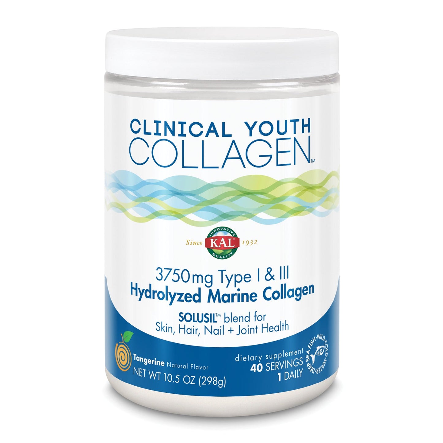 KAL Clinical Youth Collagen | Healthy Skin, Hair, Nail and Joint Support | Vitamin C | Natural Tangerine Flavor | 10.5oz, 40 Serv.